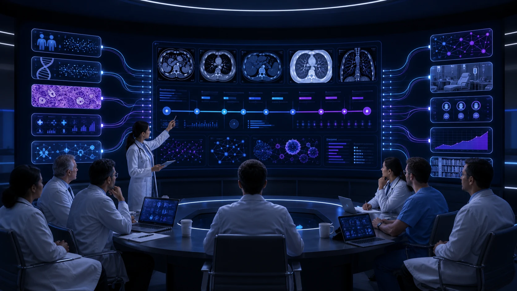 Abstract workflow illustration for AI-Assisted Oncology Case Analysis: Building the Next Clinical Intelligence Layer
