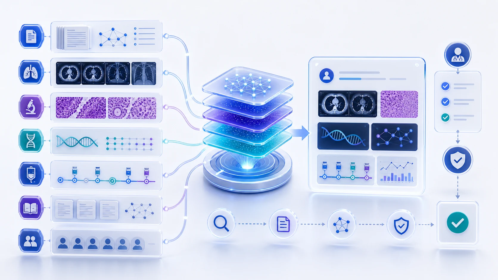 Abstract secure healthcare AI infrastructure illustration for AI-Assisted Oncology Case Analysis: Building the Next Clinical Intelligence Layer