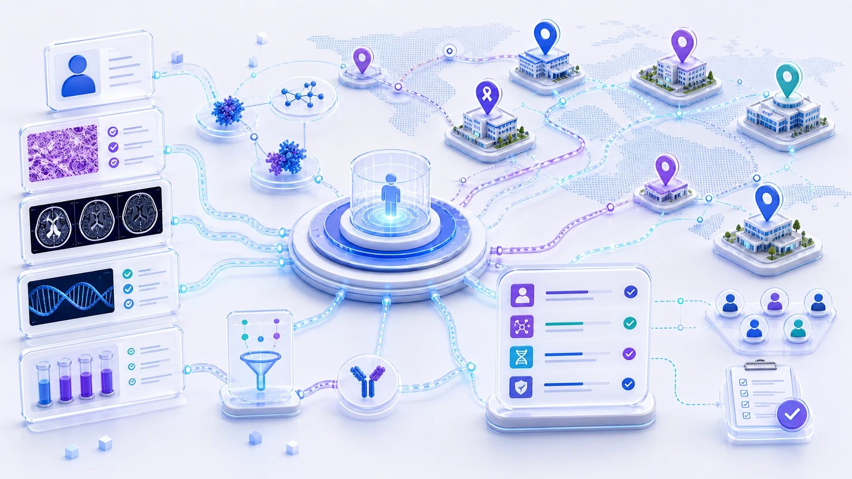 Abstract secure healthcare AI infrastructure illustration for Clinical Trial Matching in Oncology: From Data Fragmentation to Research Awareness