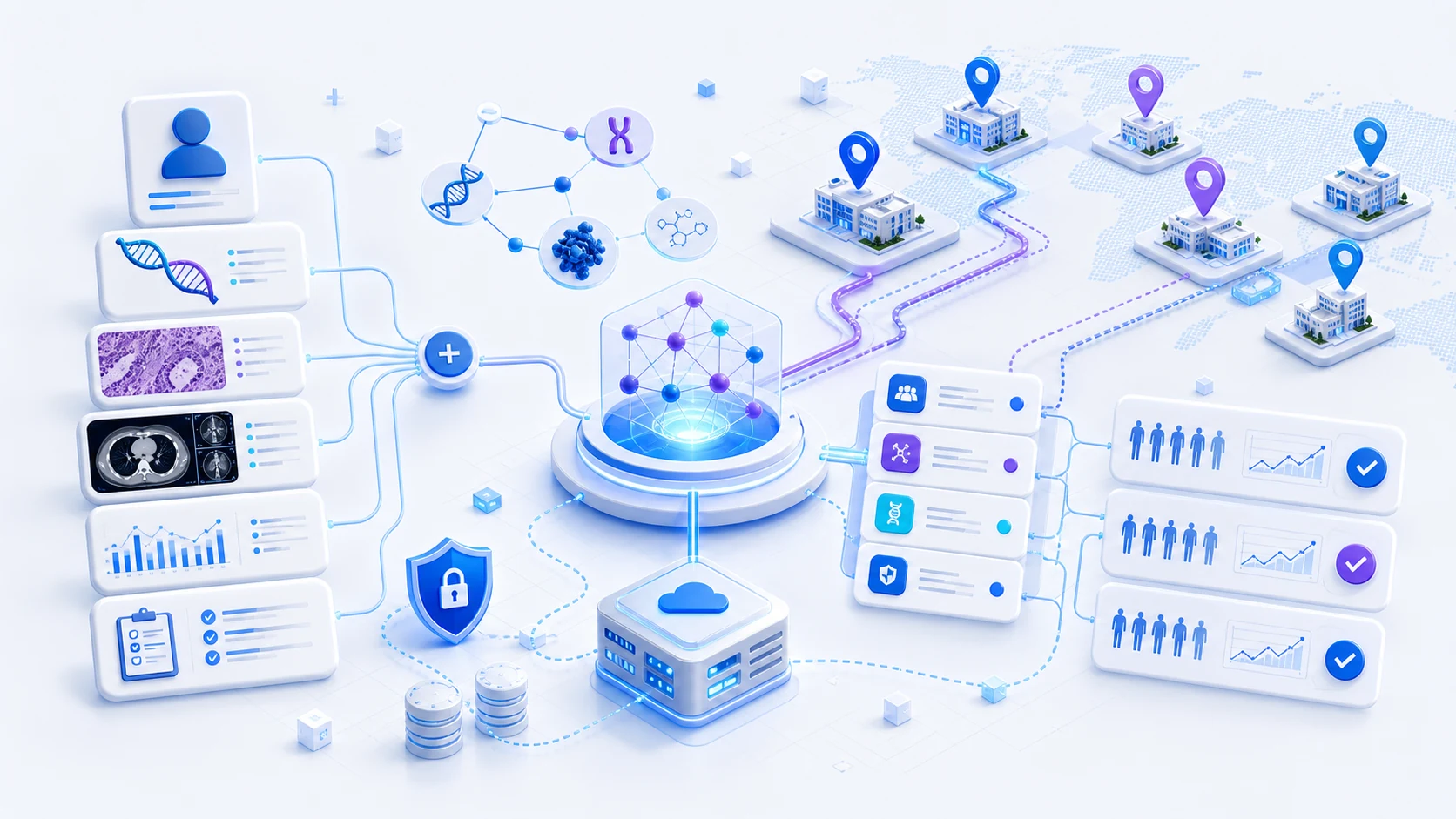 Abstract healthcare AI illustration for Clinical Trial Matching in Oncology: From Data Fragmentation to Research Awareness