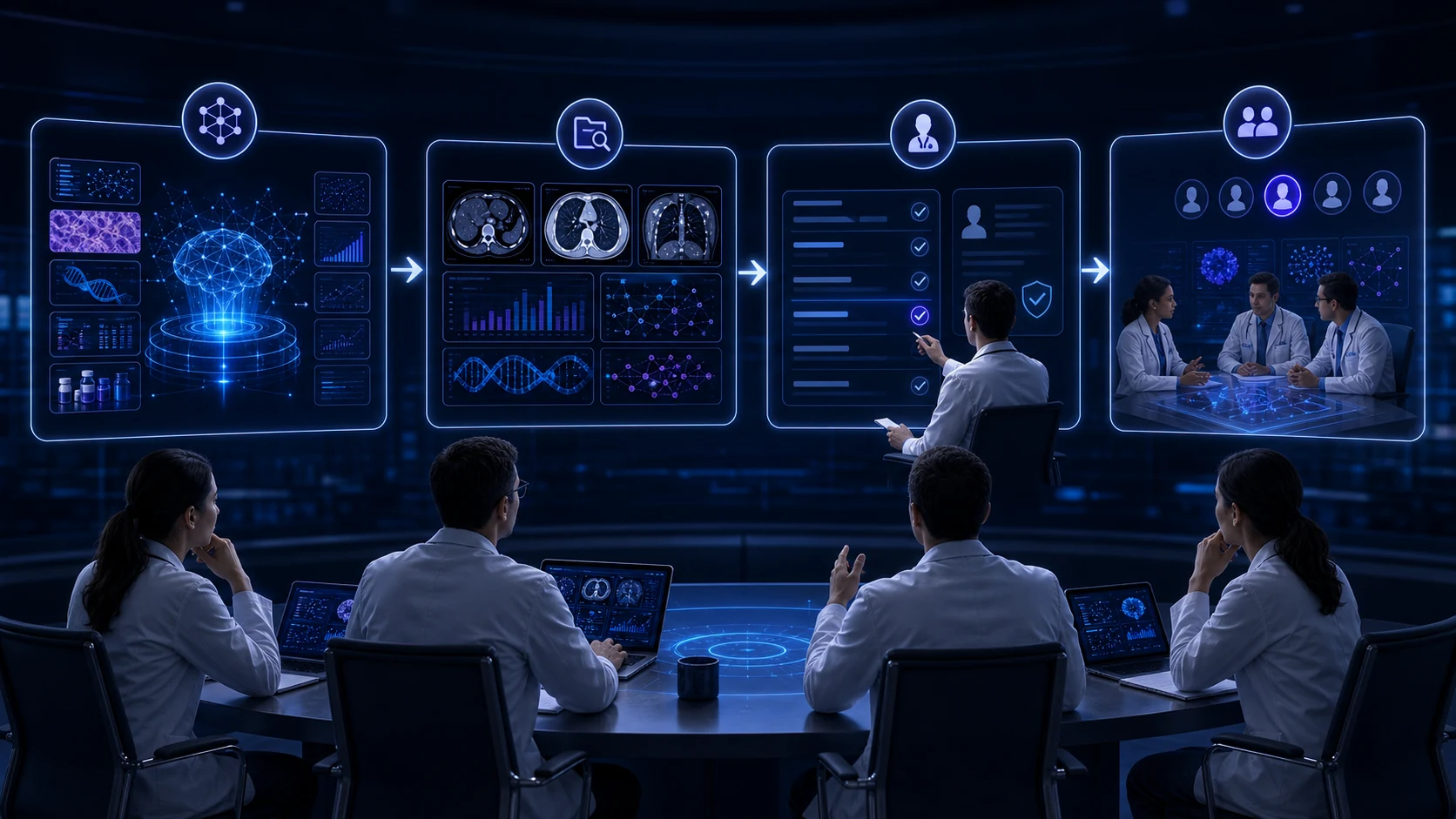 Abstract workflow illustration for Clinician-in-the-Loop AI: A Safer Path for Oncology Intelligence