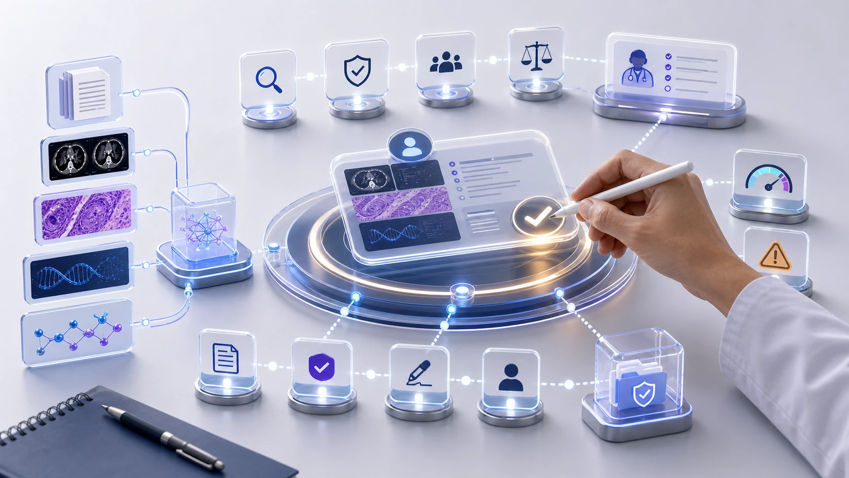 Abstract secure healthcare AI infrastructure illustration for Clinician-in-the-Loop AI: A Safer Path for Oncology Intelligence