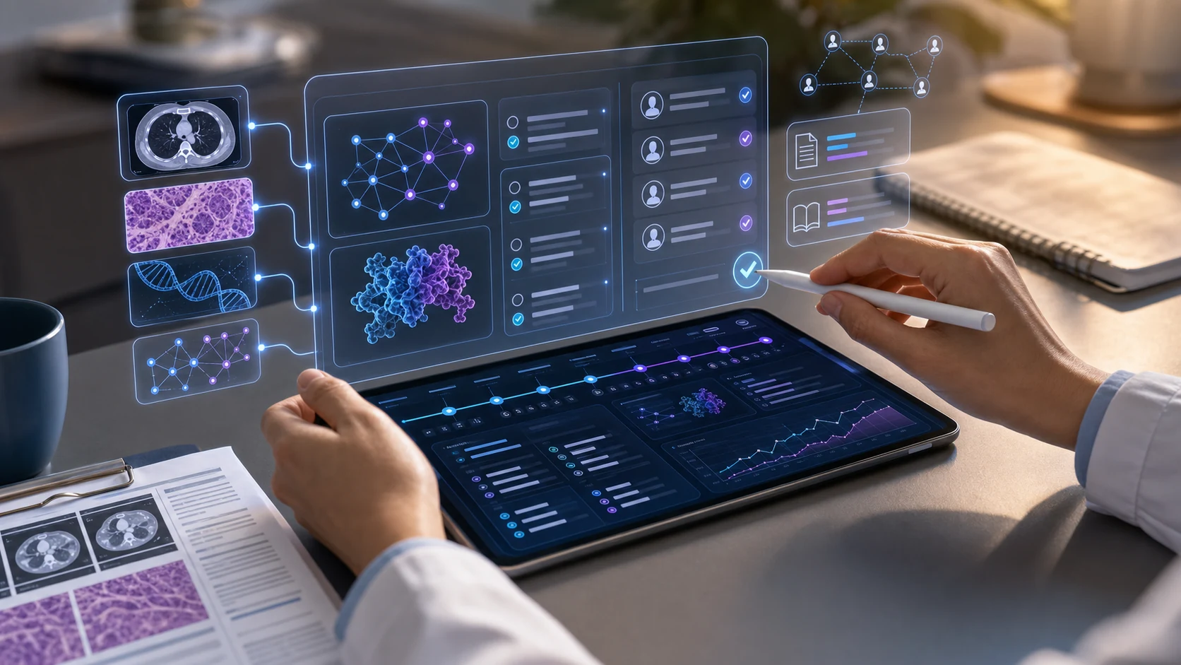 Abstract healthcare AI illustration for Clinician-in-the-Loop AI: A Safer Path for Oncology Intelligence