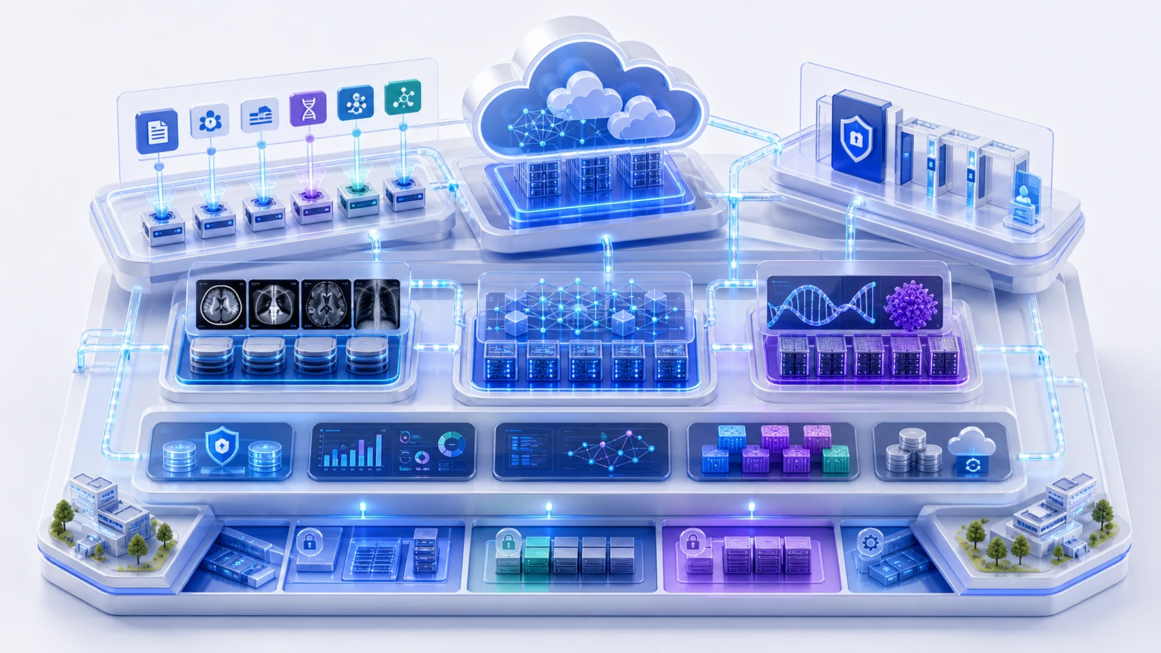 Abstract secure healthcare AI infrastructure illustration for What It Means to Build a Cloud-Ready Oncology Intelligence Platform