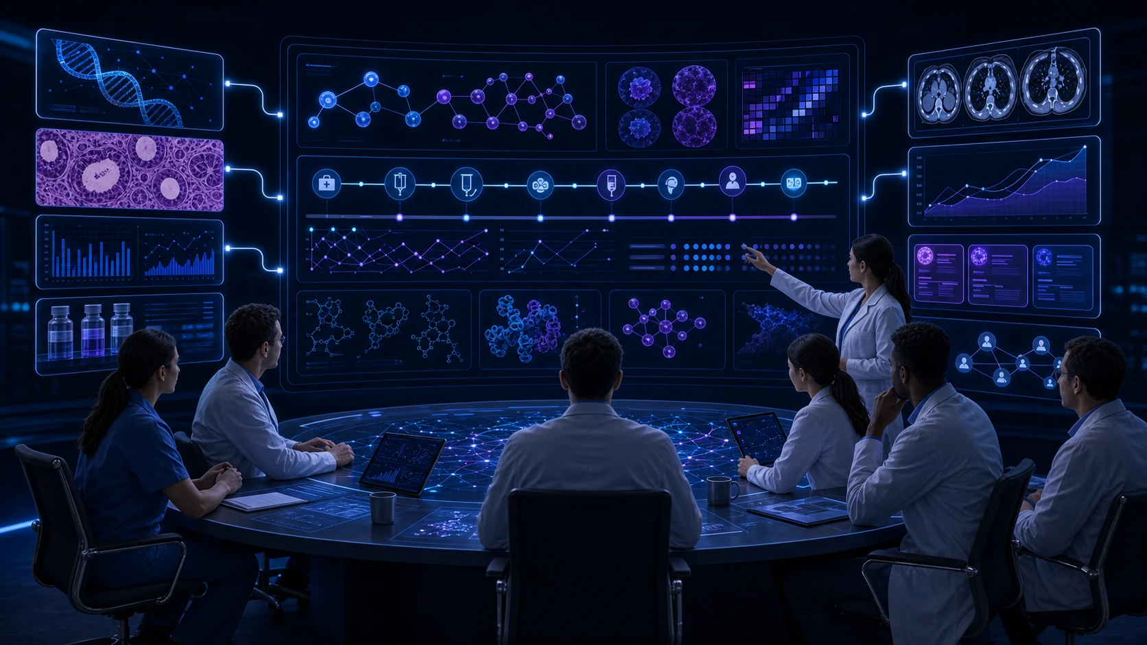 Abstract workflow illustration for Genomics-Aware Oncology Intelligence and the Future of Molecular Context