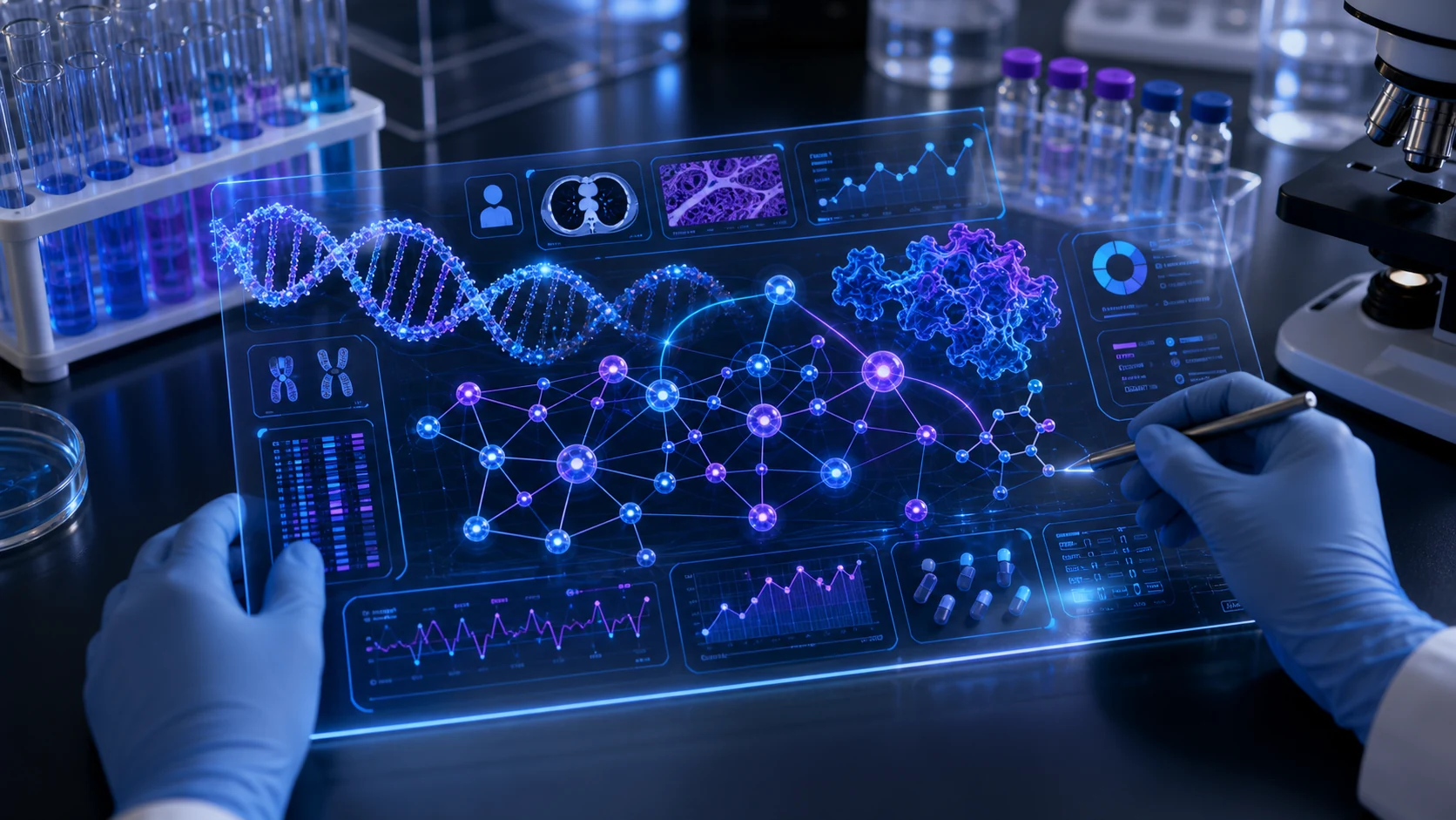 Abstract secure healthcare AI infrastructure illustration for Genomics-Aware Oncology Intelligence and the Future of Molecular Context