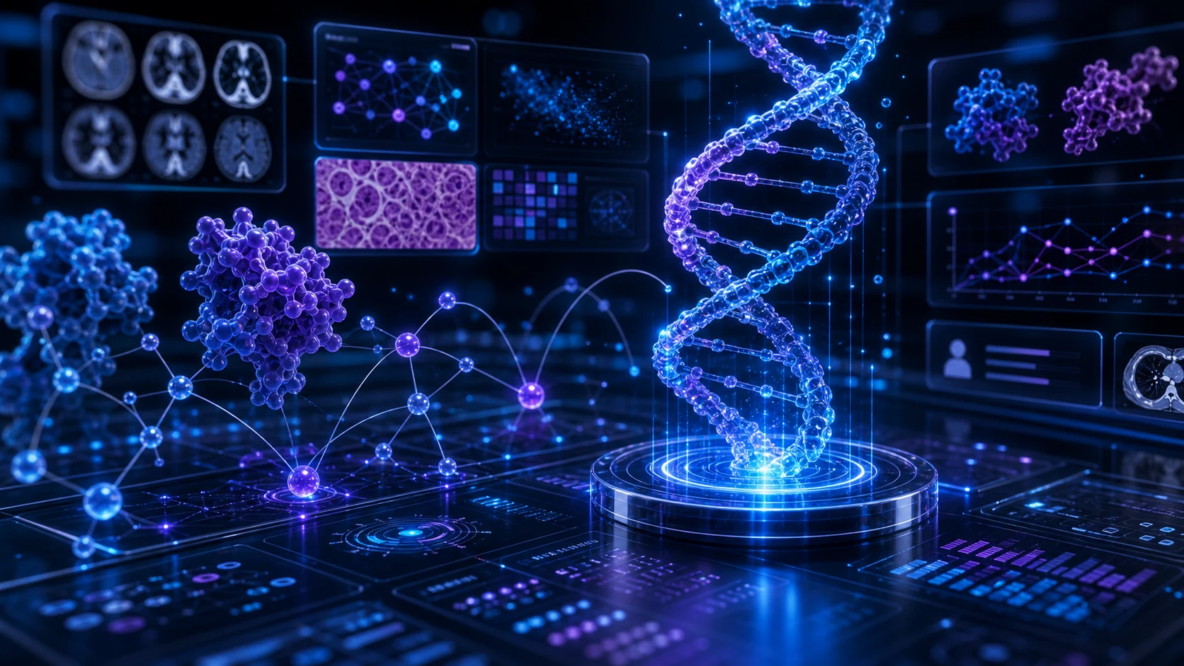 Abstract healthcare AI illustration for Genomics-Aware Oncology Intelligence and the Future of Molecular Context