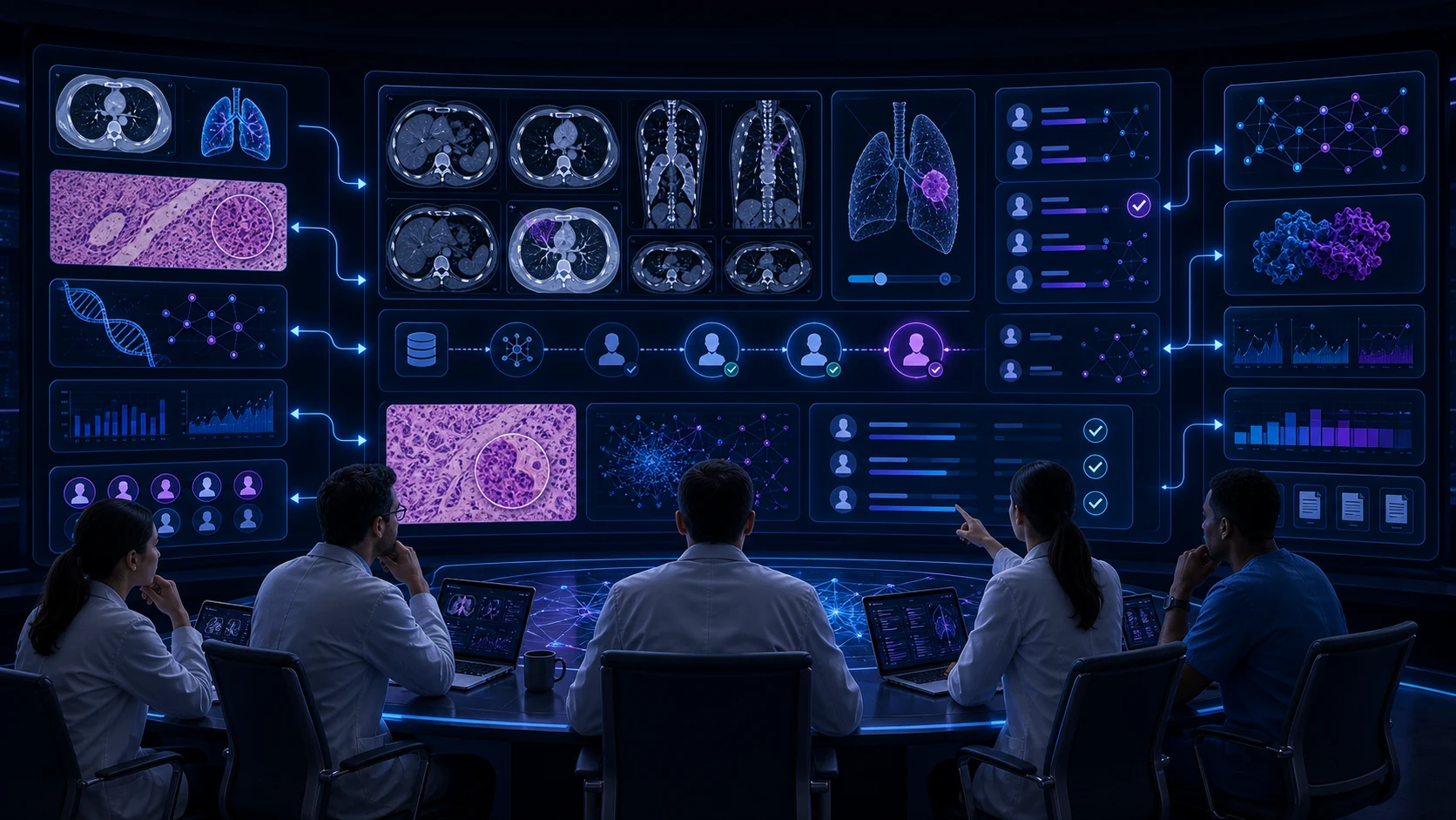 Abstract workflow illustration for Imaging and Pathology AI as Roadmap Components in Oncology Platforms