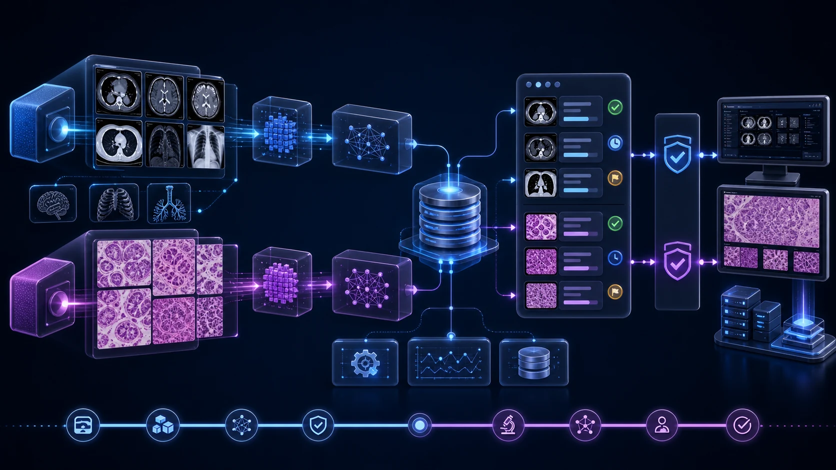 Abstract secure healthcare AI infrastructure illustration for Imaging and Pathology AI as Roadmap Components in Oncology Platforms