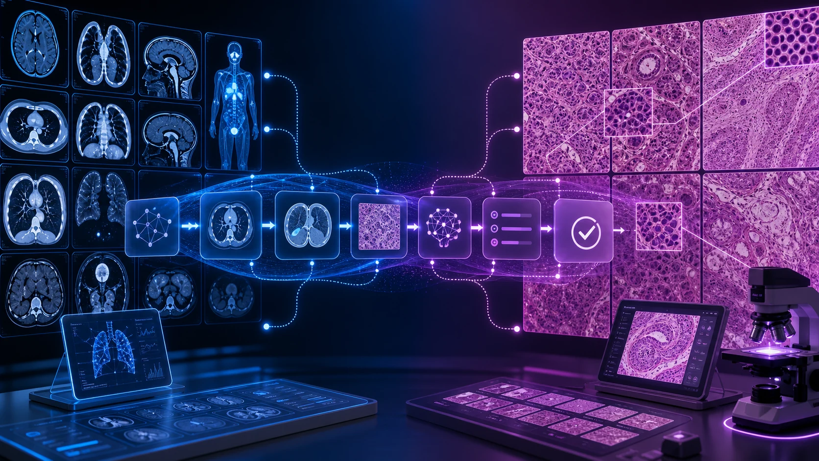 Abstract healthcare AI illustration for Imaging and Pathology AI as Roadmap Components in Oncology Platforms