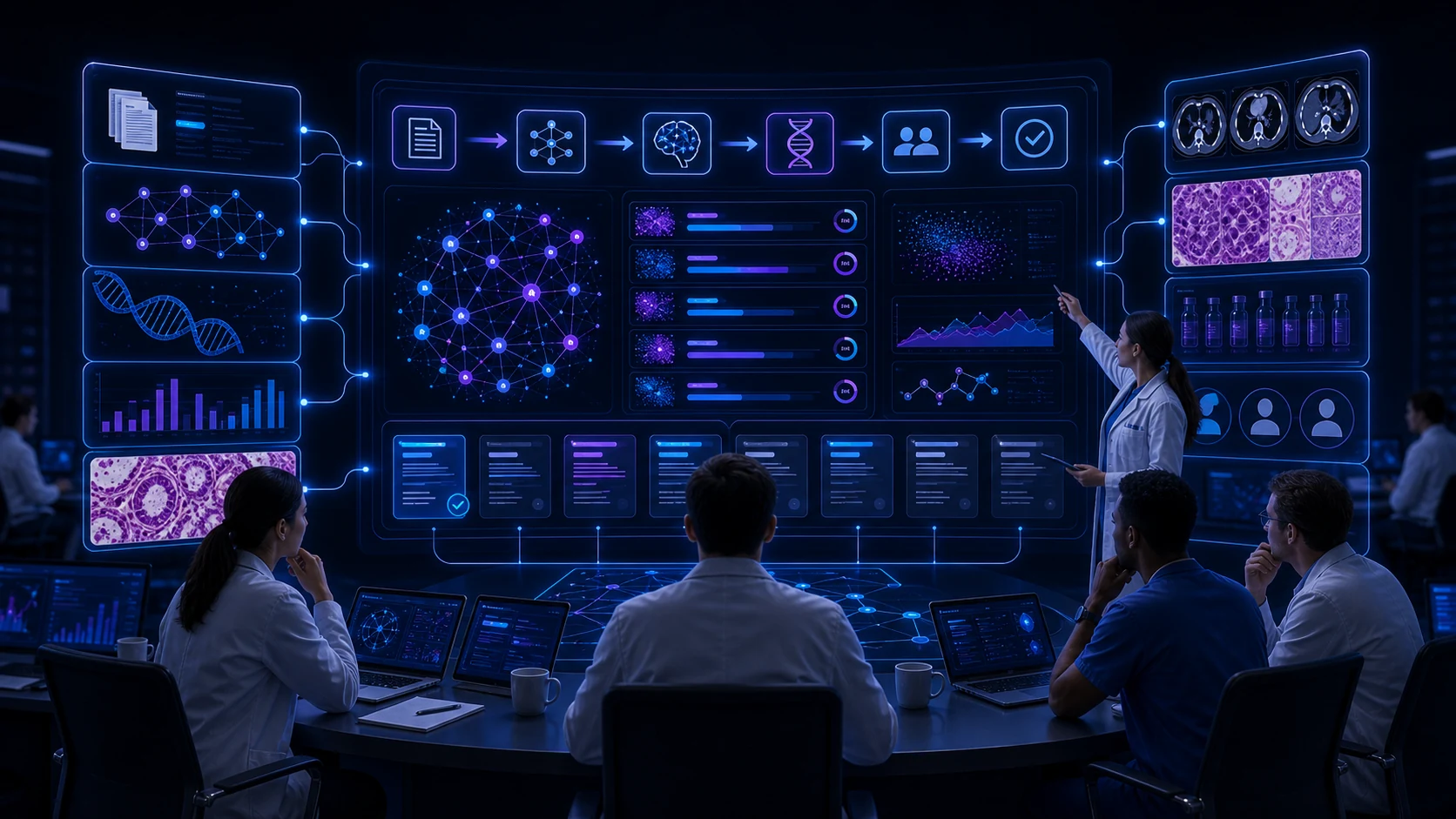 Abstract workflow illustration for Literature Intelligence for Oncology Research and Clinical Awareness