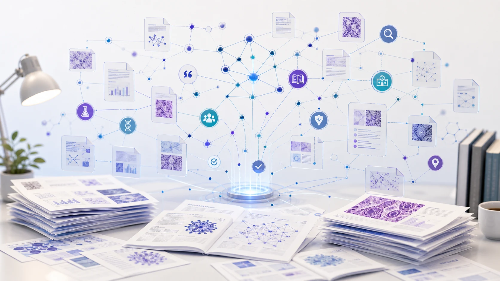 Abstract secure healthcare AI infrastructure illustration for Literature Intelligence for Oncology Research and Clinical Awareness