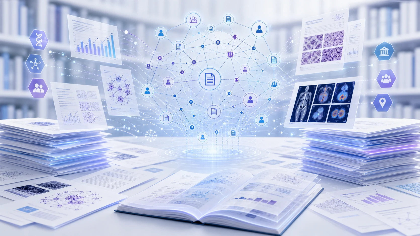 Abstract healthcare AI illustration for Literature Intelligence for Oncology Research and Clinical Awareness