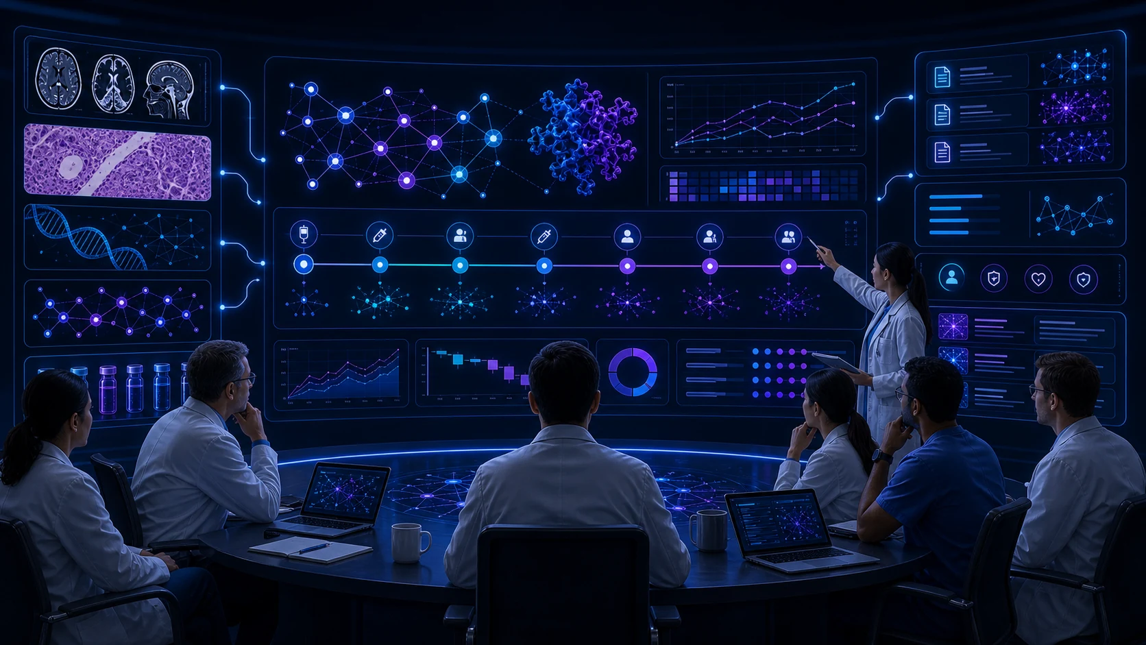 Abstract workflow illustration for Molecular Signals, Treatment Context, and the Next Generation of Oncology Workflows