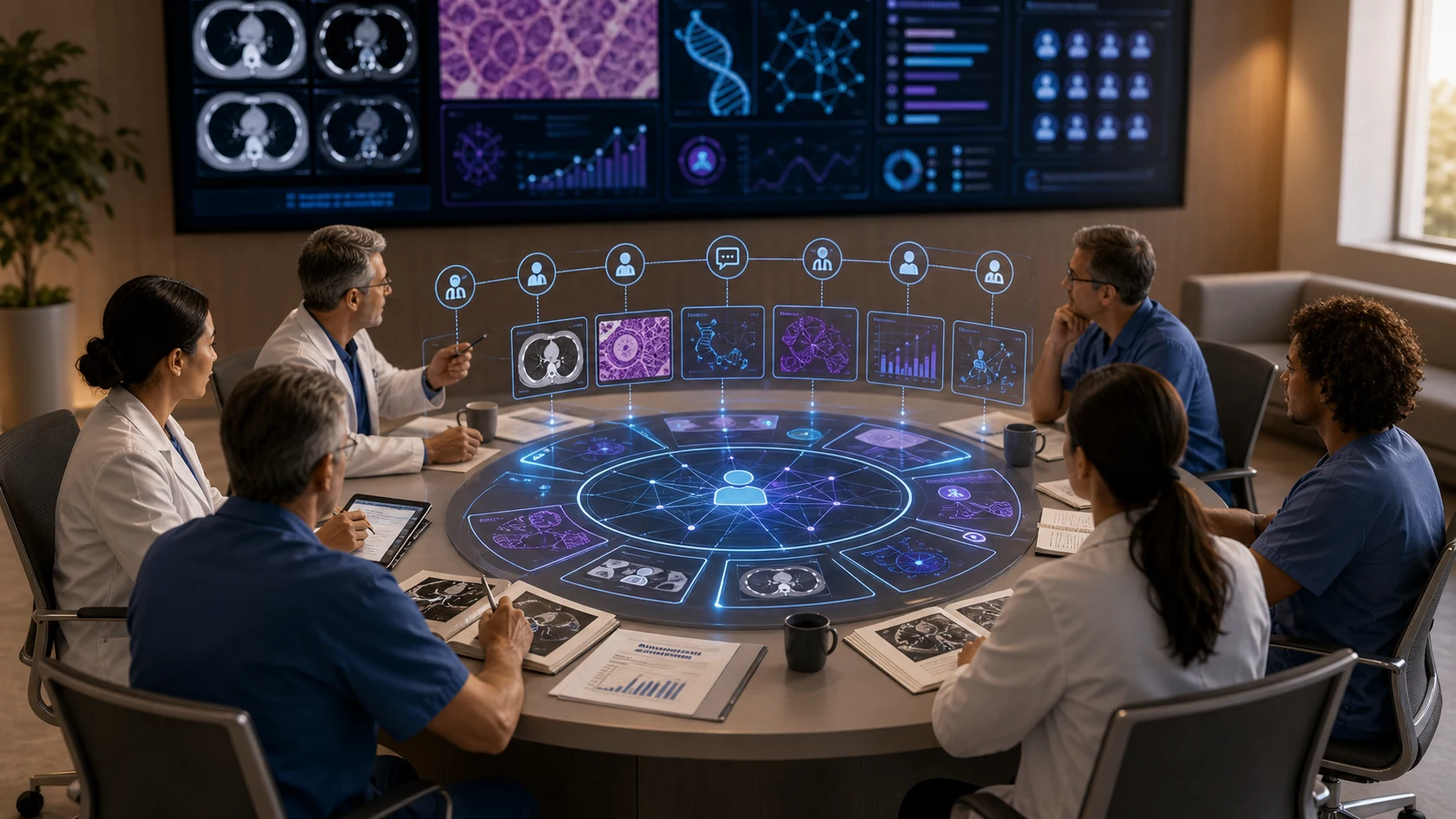Abstract workflow illustration for How AI Can Support Multidisciplinary Tumor Board Workflows