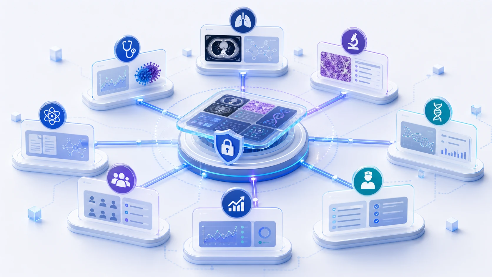 Abstract secure healthcare AI infrastructure illustration for How AI Can Support Multidisciplinary Tumor Board Workflows