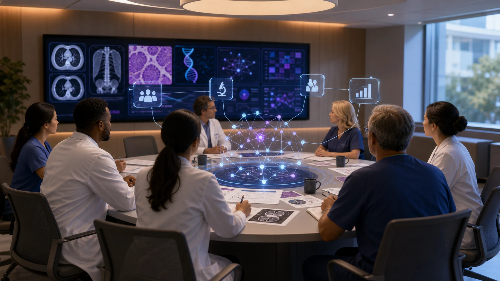 Abstract healthcare AI illustration for How AI Can Support Multidisciplinary Tumor Board Workflows