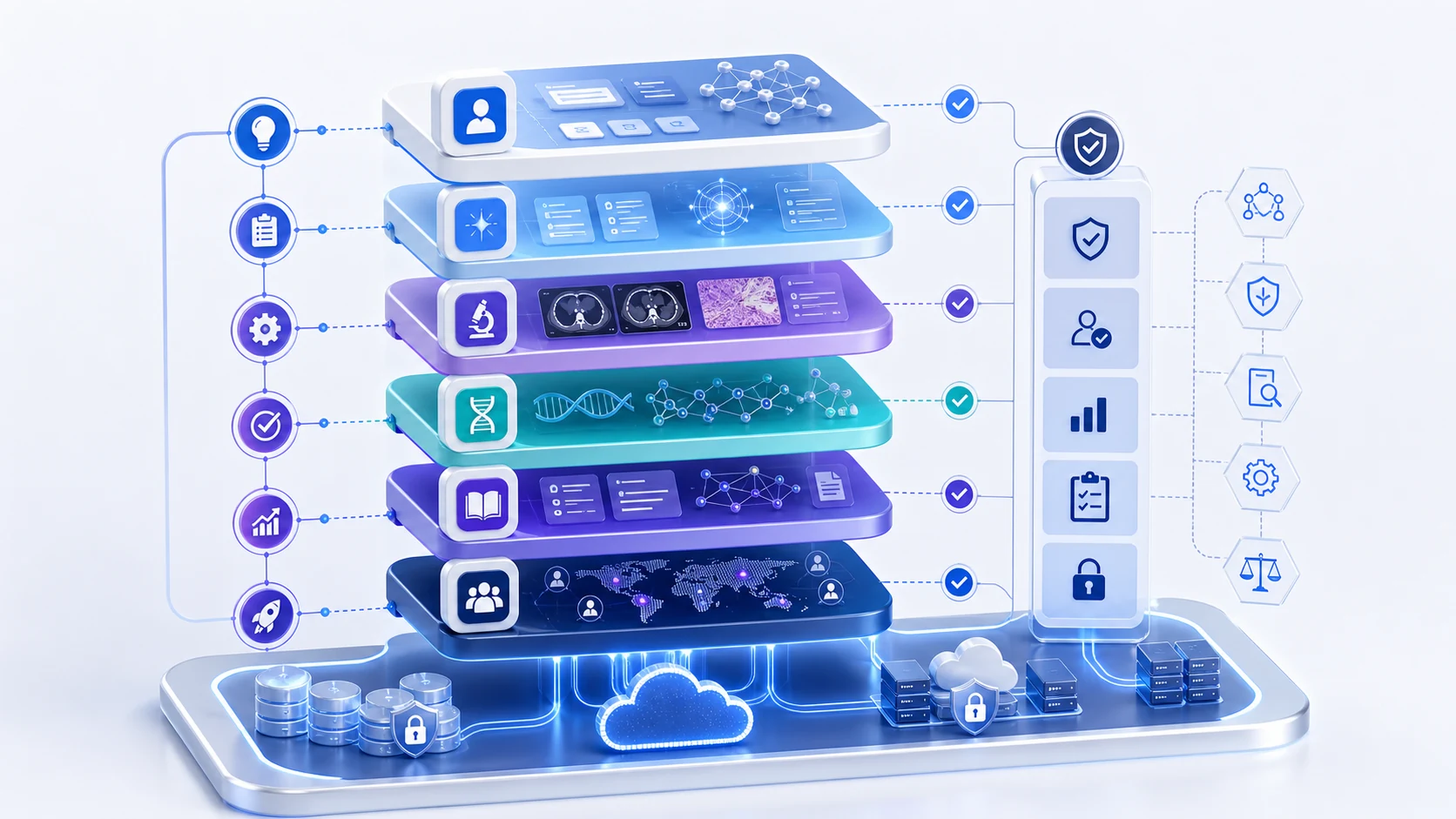 Abstract secure healthcare AI infrastructure illustration for Designing an Oncology AI Product Roadmap Without Overclaiming
