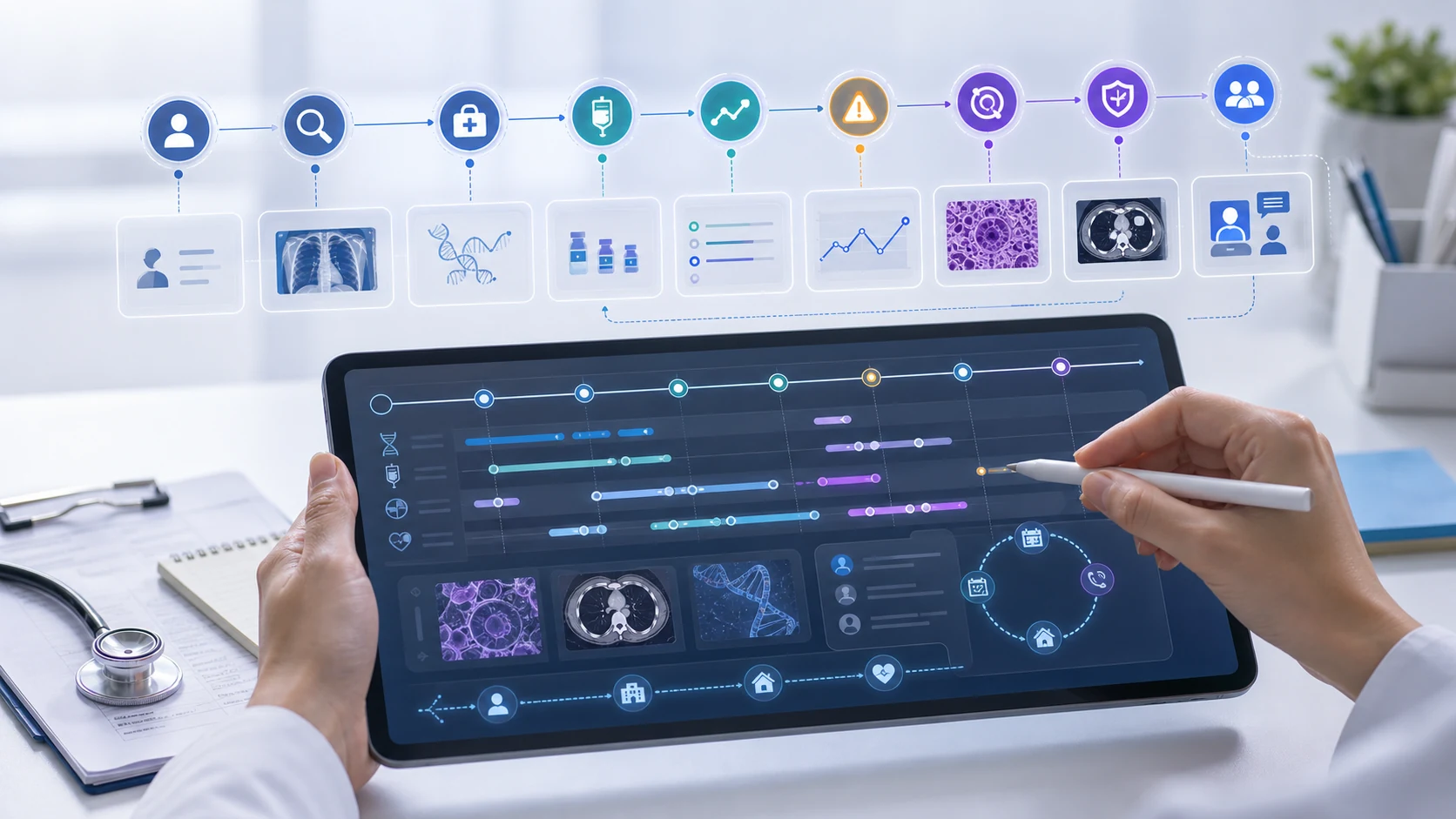 Abstract workflow illustration for Patient Journey Intelligence in Cancer Care: From Treatment History to Follow-Up Context