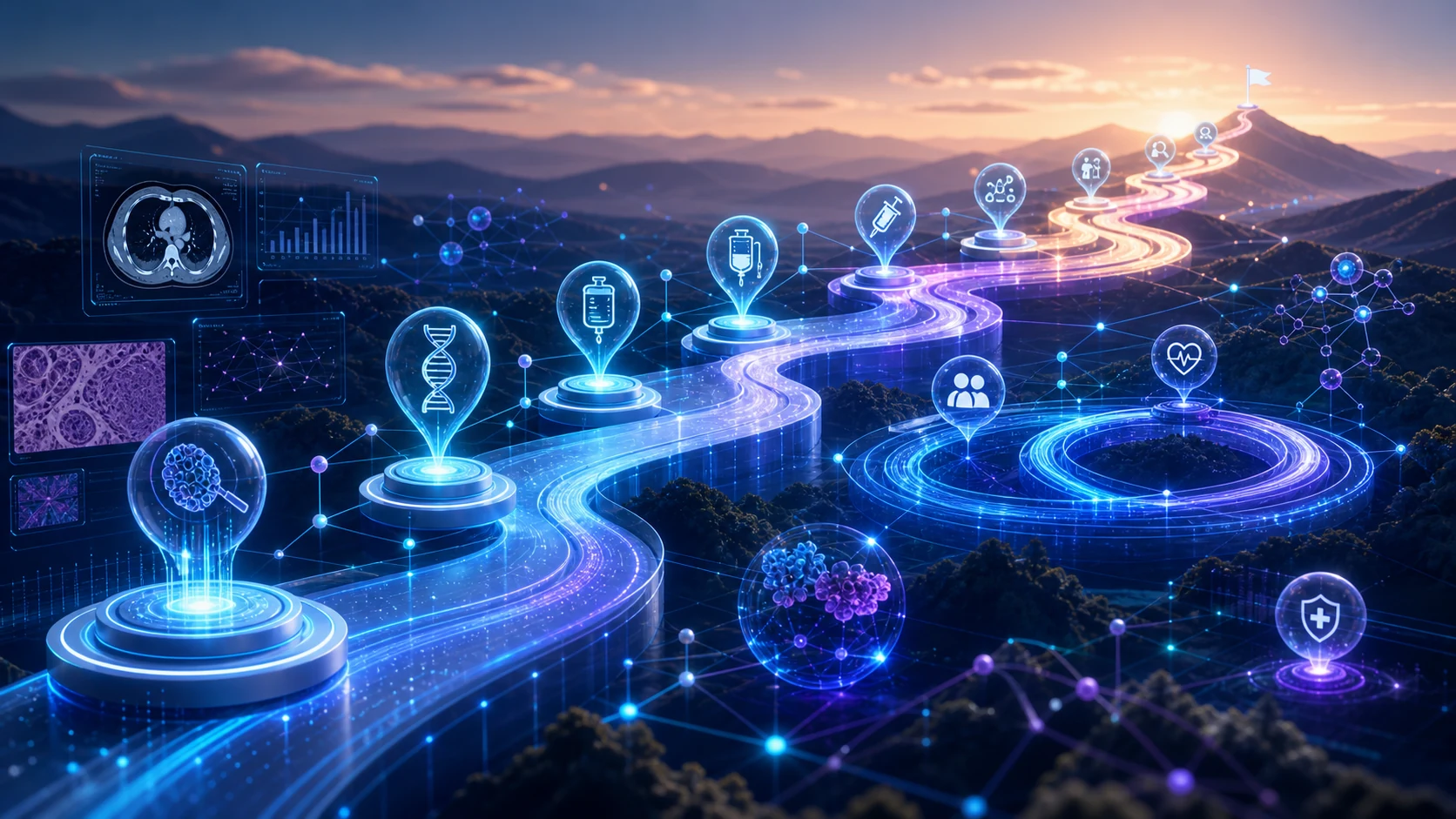 Abstract secure healthcare AI infrastructure illustration for Patient Journey Intelligence in Cancer Care: From Treatment History to Follow-Up Context