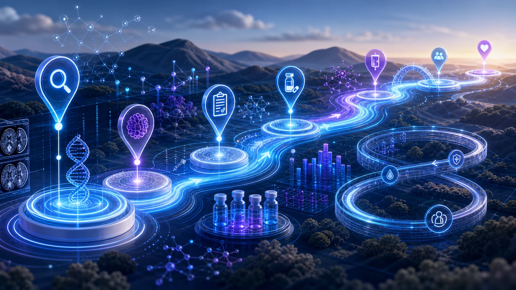 Abstract healthcare AI illustration for Patient Journey Intelligence in Cancer Care: From Treatment History to Follow-Up Context