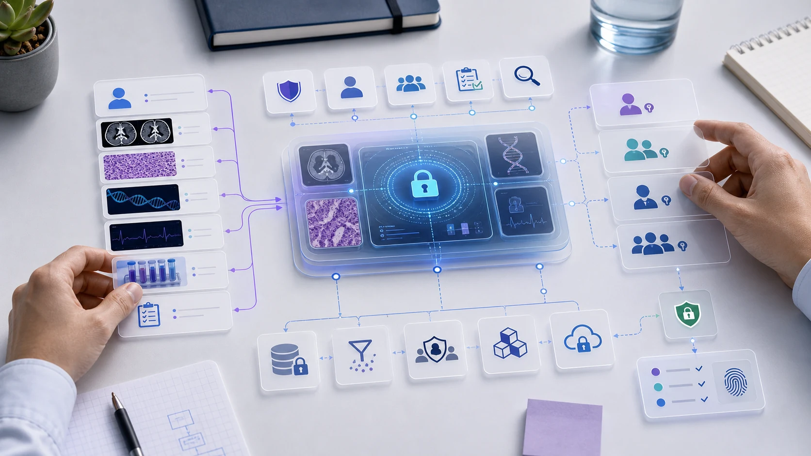 Abstract workflow illustration for Privacy-Conscious Architecture for Healthcare AI Products