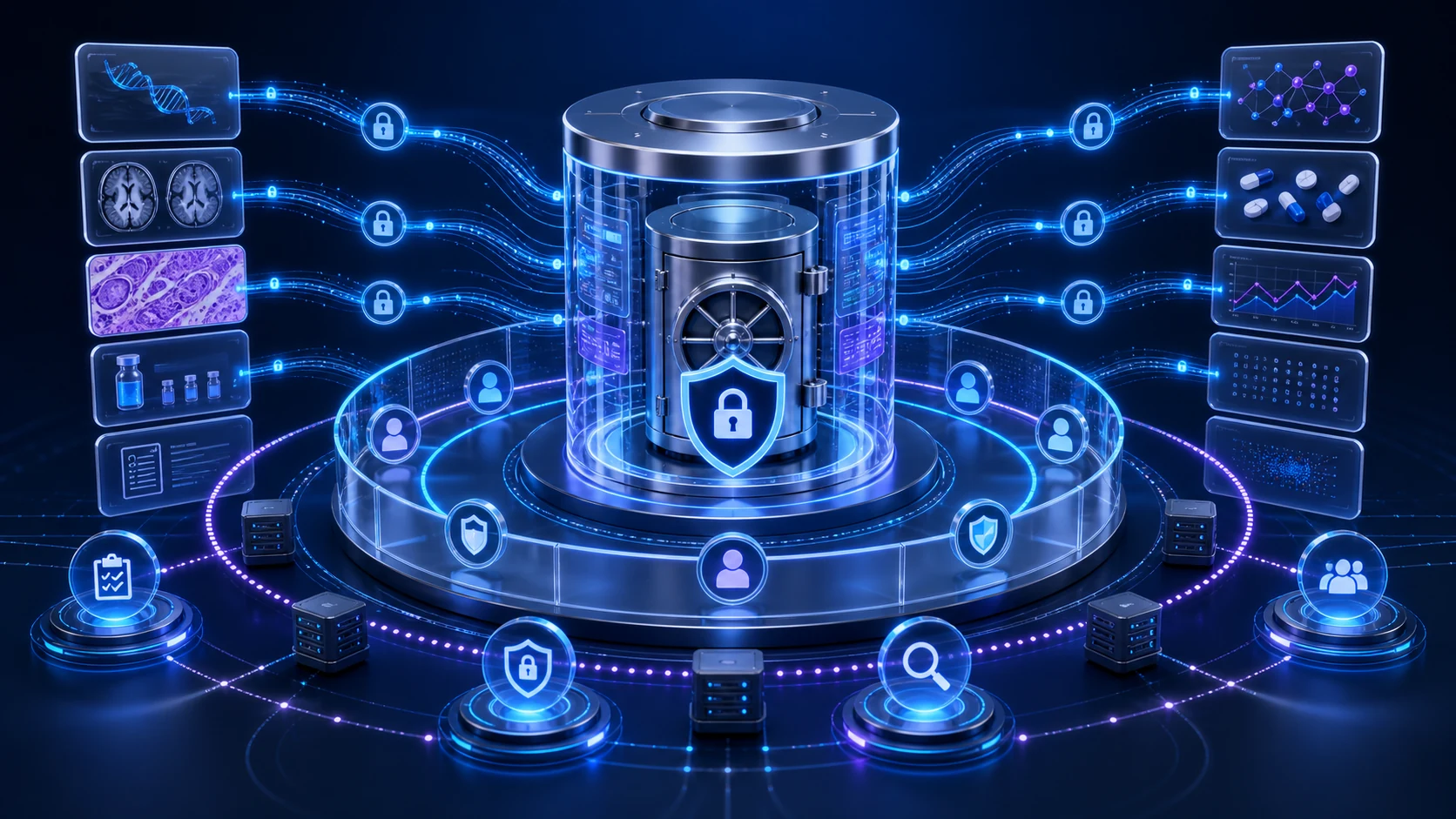 Abstract secure healthcare AI infrastructure illustration for Privacy-Conscious Architecture for Healthcare AI Products
