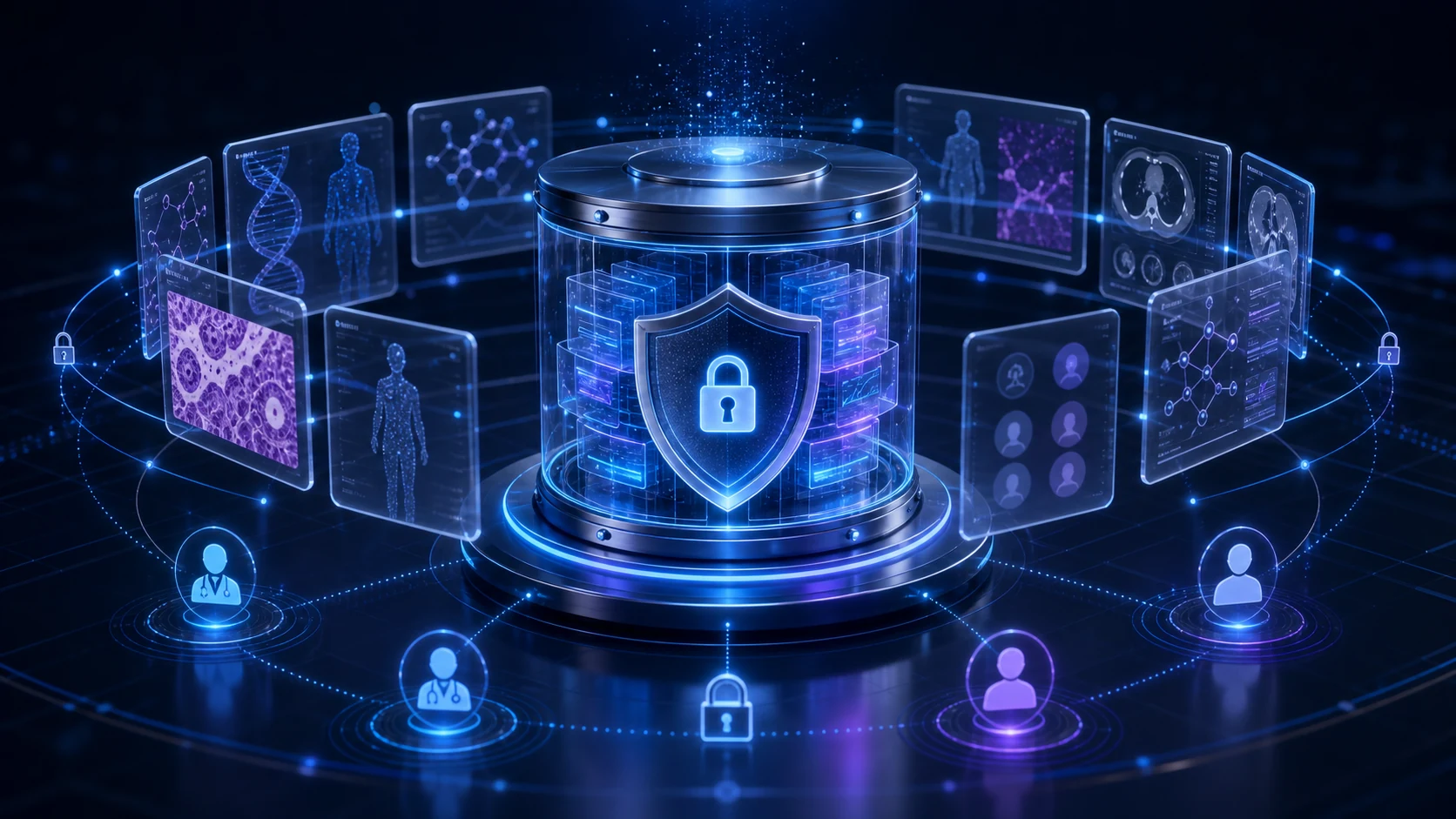 Abstract healthcare AI illustration for Privacy-Conscious Architecture for Healthcare AI Products