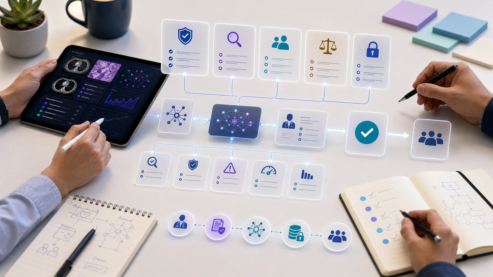 Abstract workflow illustration for Responsible AI Principles for Oncology Decision-Support Platforms