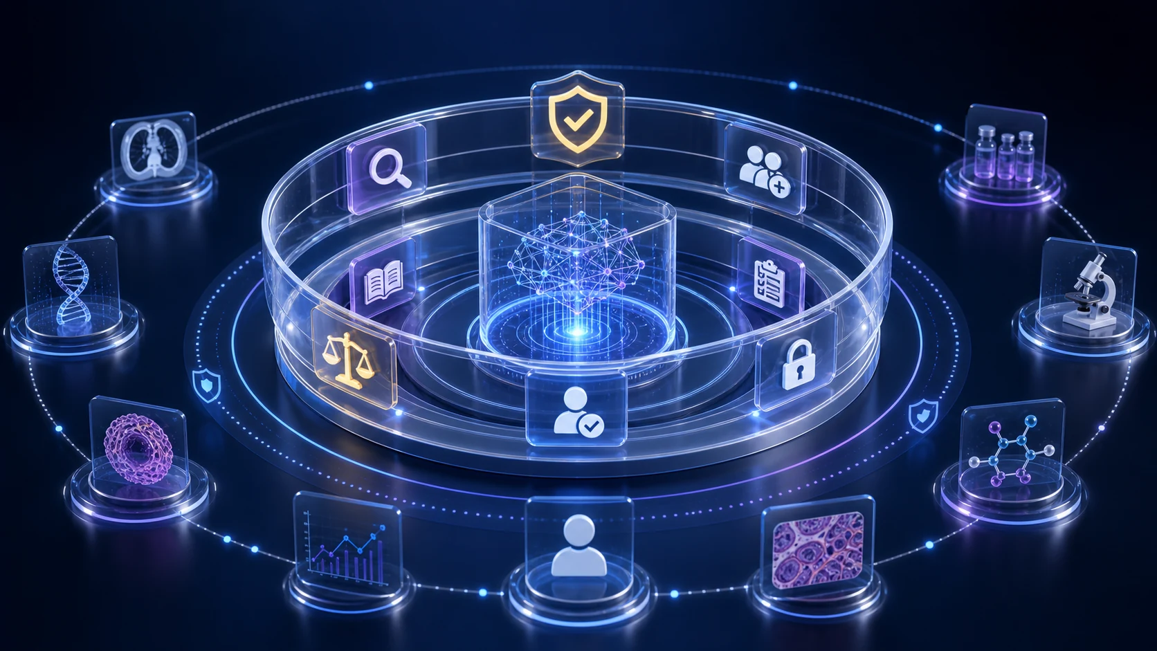 Abstract secure healthcare AI infrastructure illustration for Responsible AI Principles for Oncology Decision-Support Platforms