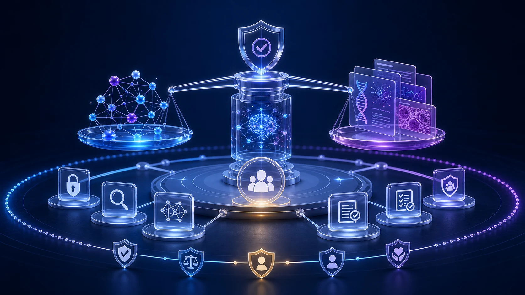 Abstract healthcare AI illustration for Responsible AI Principles for Oncology Decision-Support Platforms