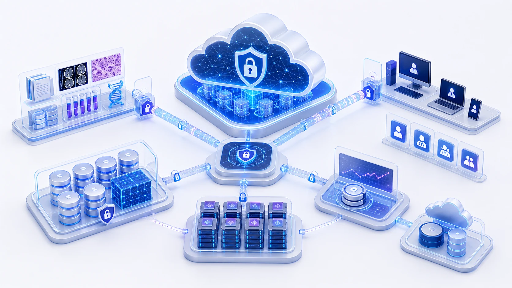 Abstract secure healthcare AI infrastructure illustration for Building Secure Cloud Infrastructure for Healthcare AI