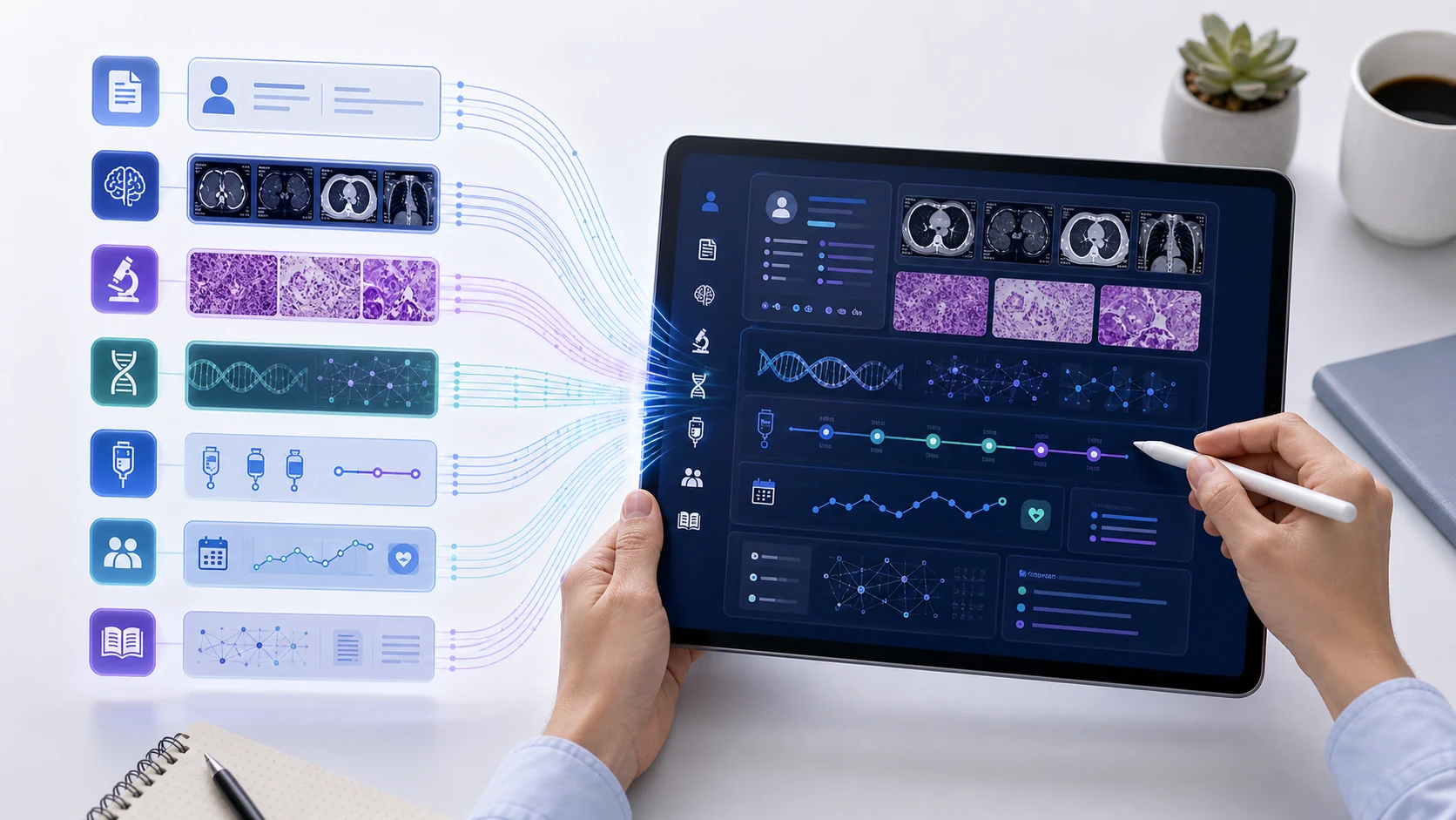 Abstract workflow illustration for Why Oncology Needs a Unified Data Layer