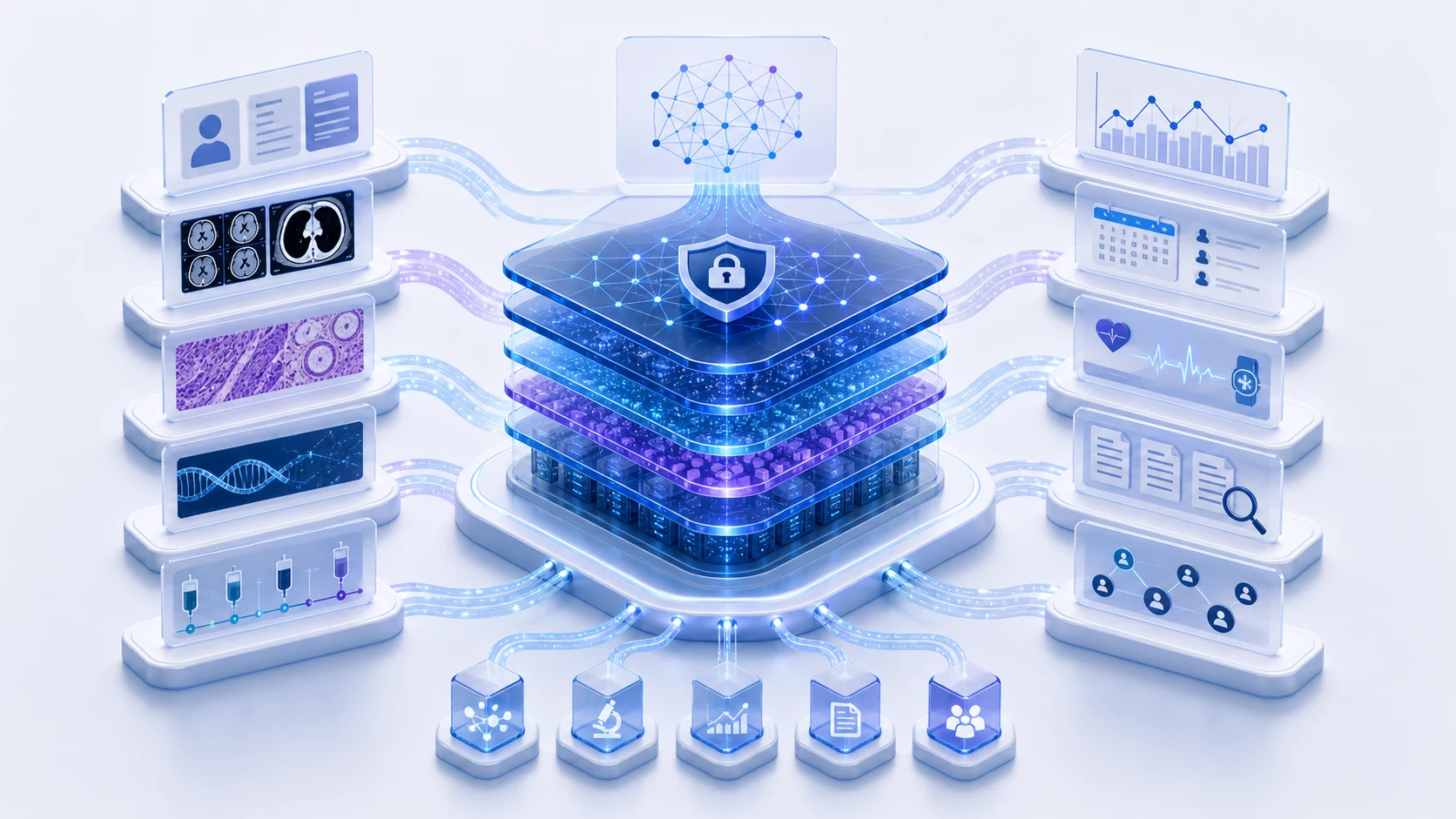 Abstract secure healthcare AI infrastructure illustration for Why Oncology Needs a Unified Data Layer